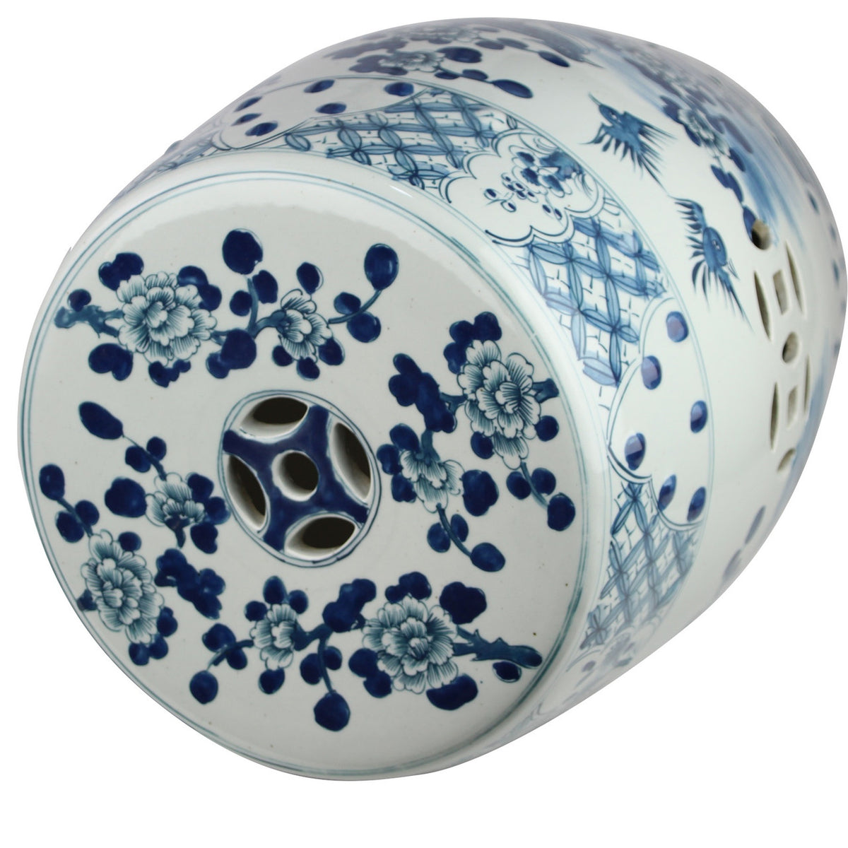 Top of blue and white chinoiserie village garden stool