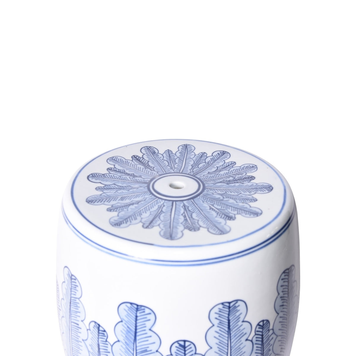 Top of blue and white banana leaf porcelain garden stool