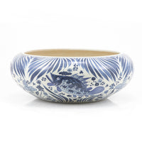 Shallow Bowl Blue And White Fish Motif Large - 13 Inch Wide