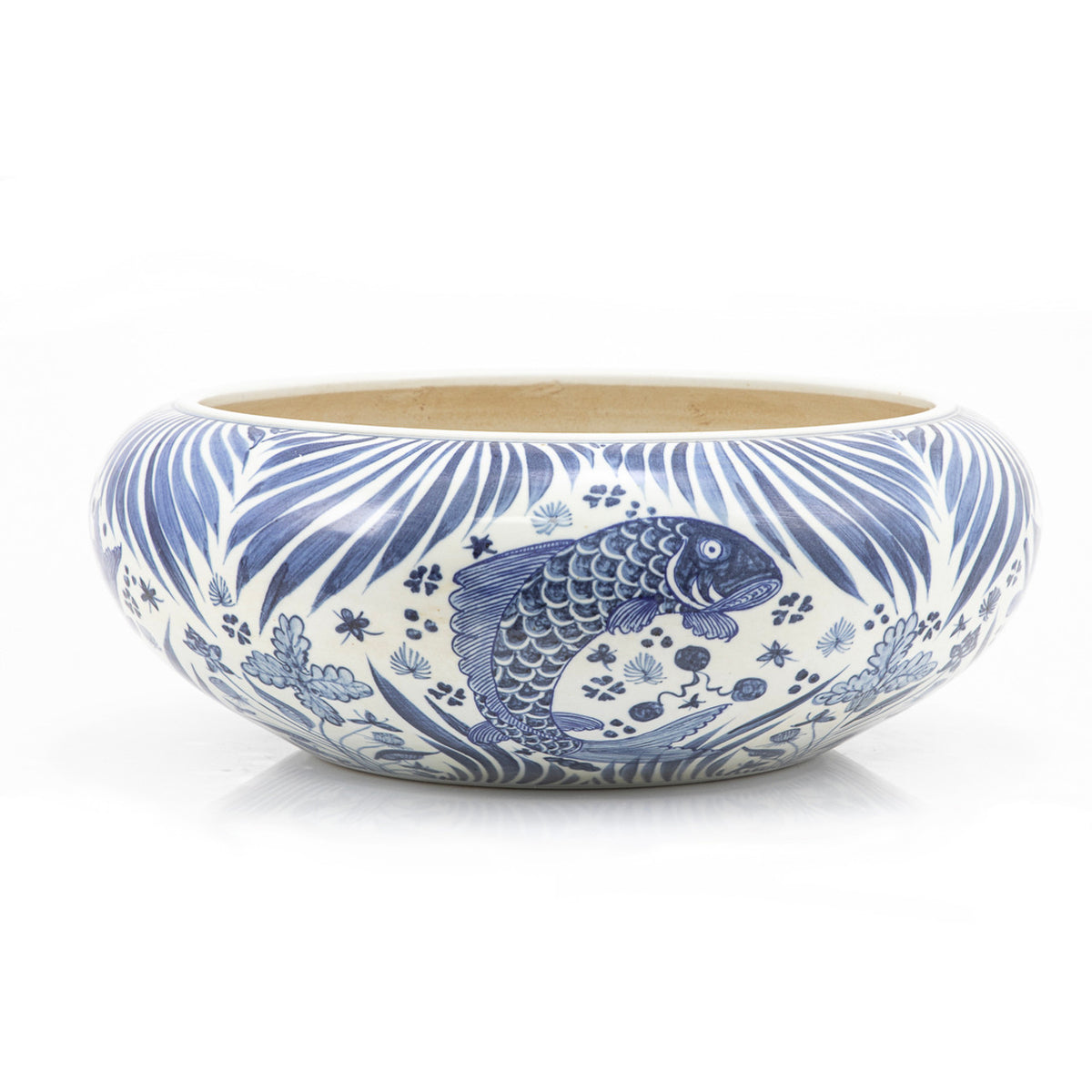 Shallow Bowl Blue And White Fish Motif Large - 13 Inch Wide