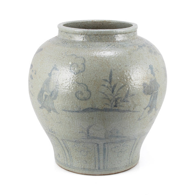 Vintage Jar With Ancient People Under Banana Tree - 15 Inch Tall