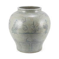 Vintage Jar With Ancient People Under Banana Tree - 15 Inch Tall