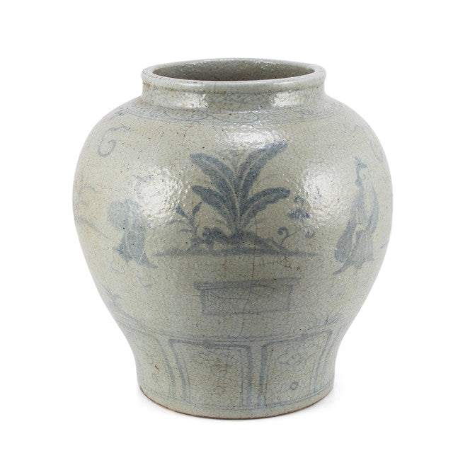 Vintage Jar With Ancient People Under Banana Tree - 15 Inch Tall