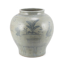 Vintage Jar With Ancient People Under Banana Tree - 15 Inch Tall