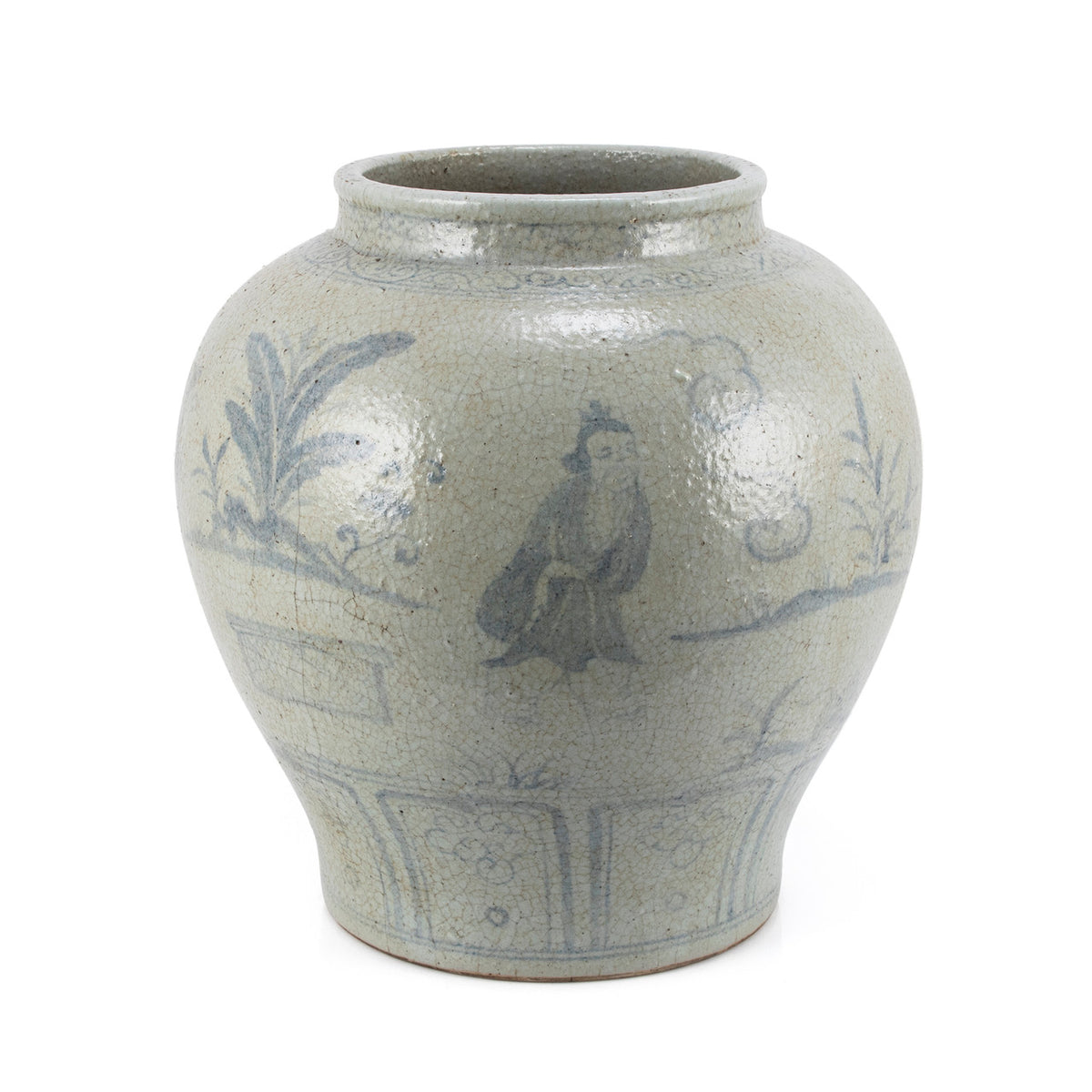 Vintage Jar With Ancient People Under Banana Tree - 15 Inch Tall