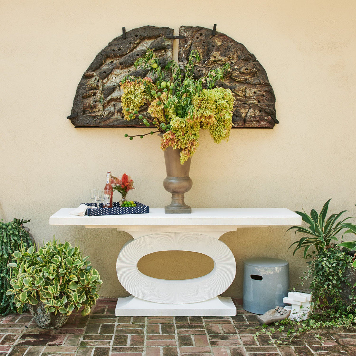 Grier Outdoor Console Table - White Plaster Reconstituted Stone 78 Inch Length