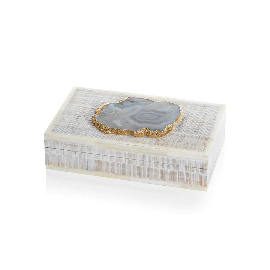Chiseled mango wood and bone box with agate stone top