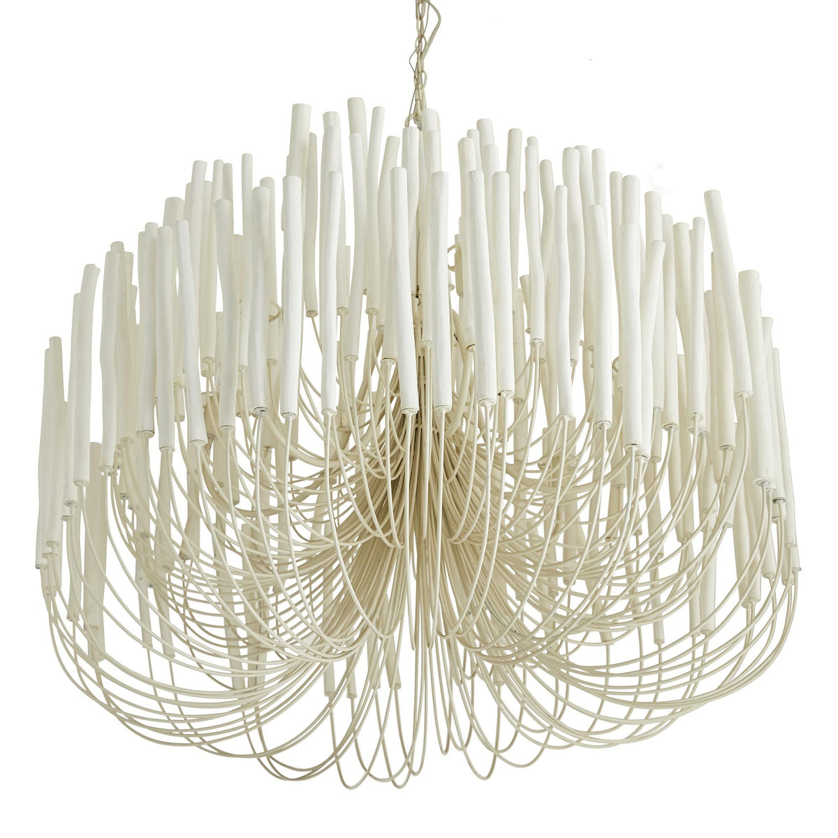 Bottom view of Tilda large whitewash stained wood coastal chandelier