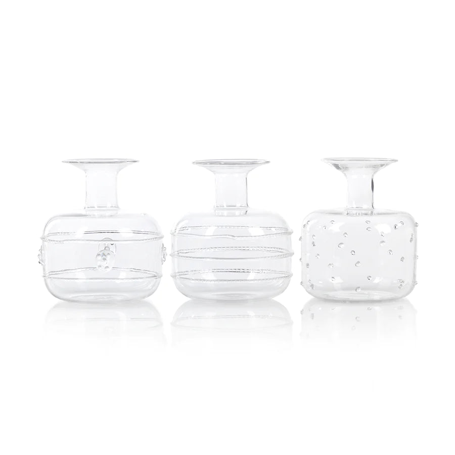 Set of three unique clear bud vases