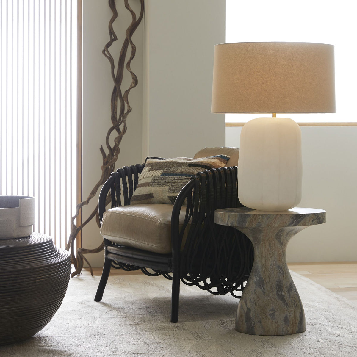 Frio white lamp with drum shade in living room