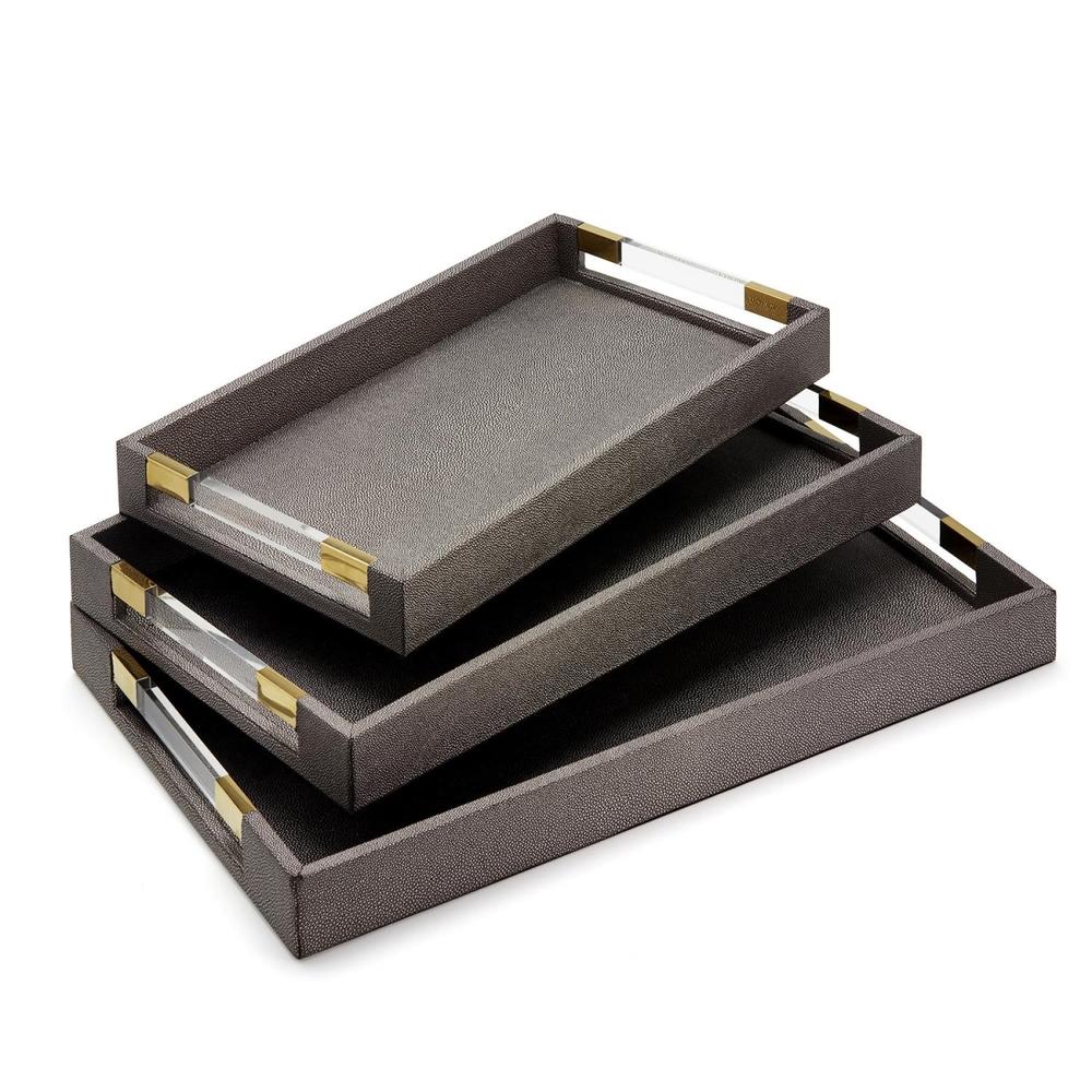 Grey Decorative Rectangle Tray with Acrylic Handles - MDF/Vegan Leather
