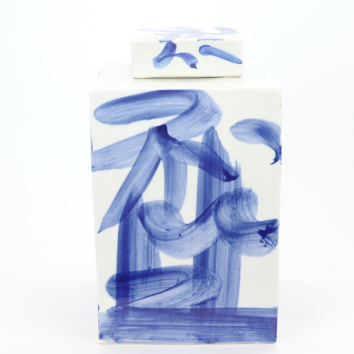 Tall square jar in blue and white