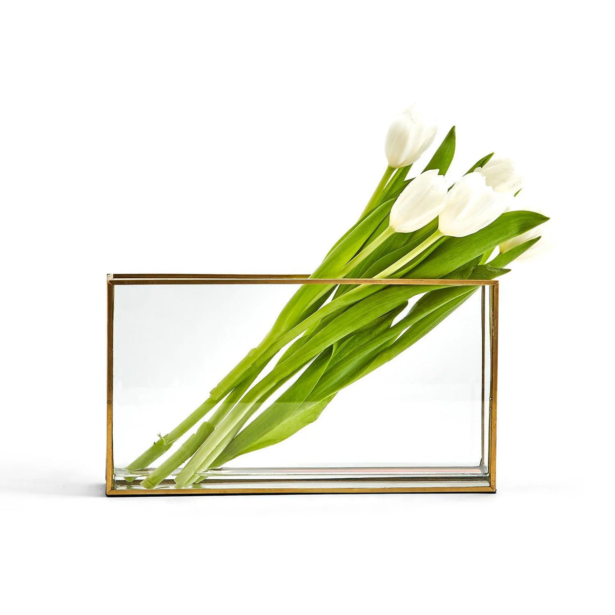 Rectangular window vase with gold metal trim