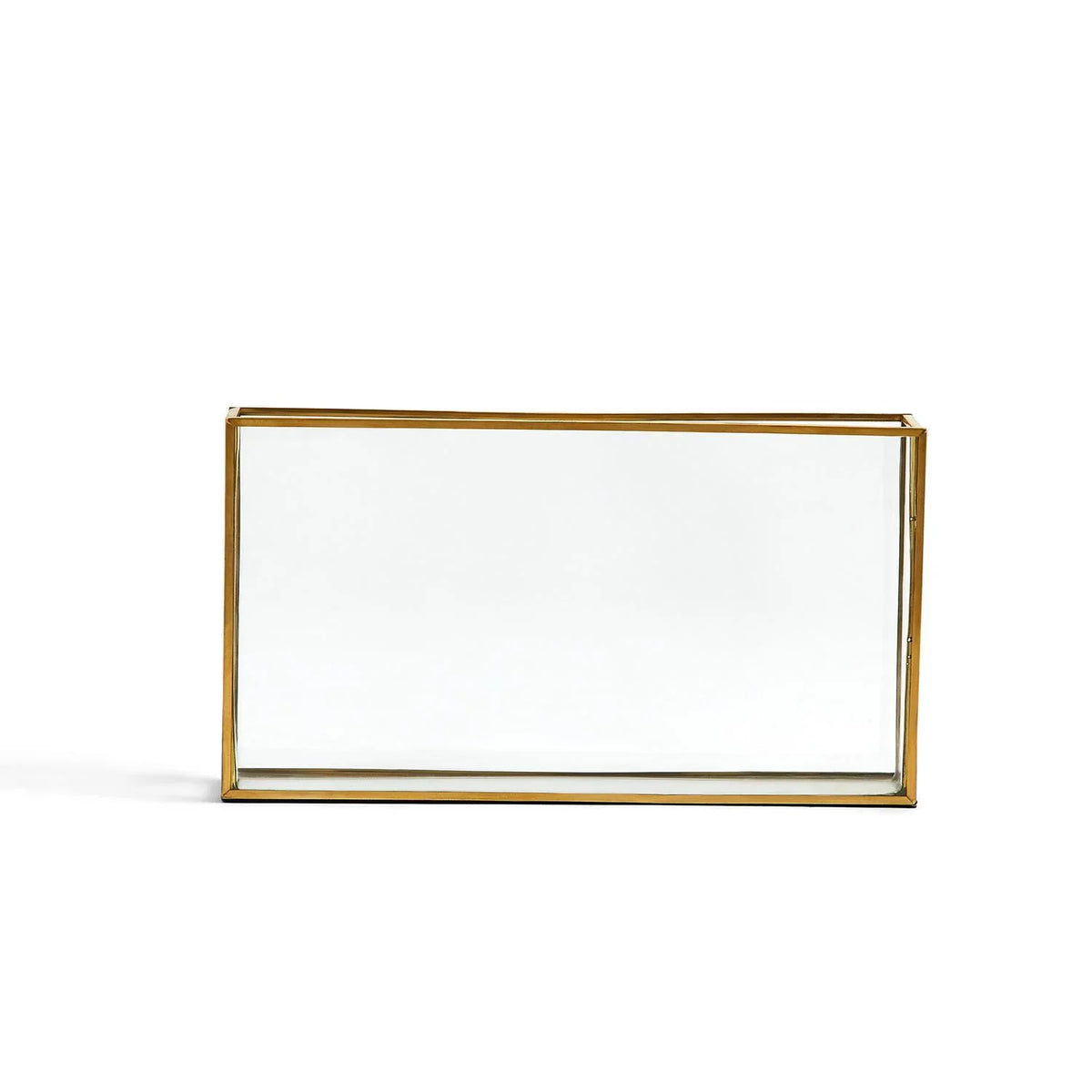 Clear glass rectangular vase with gold metal trim and mirrored base