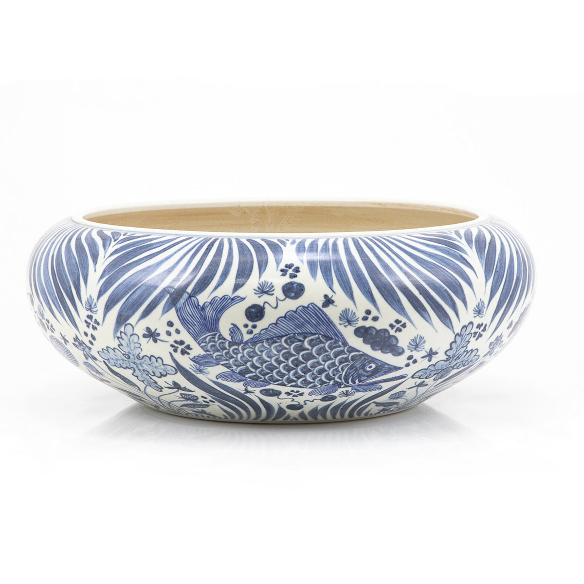 Shallow Bowl Blue And White Fish Motif Large - 13 Inch Wide