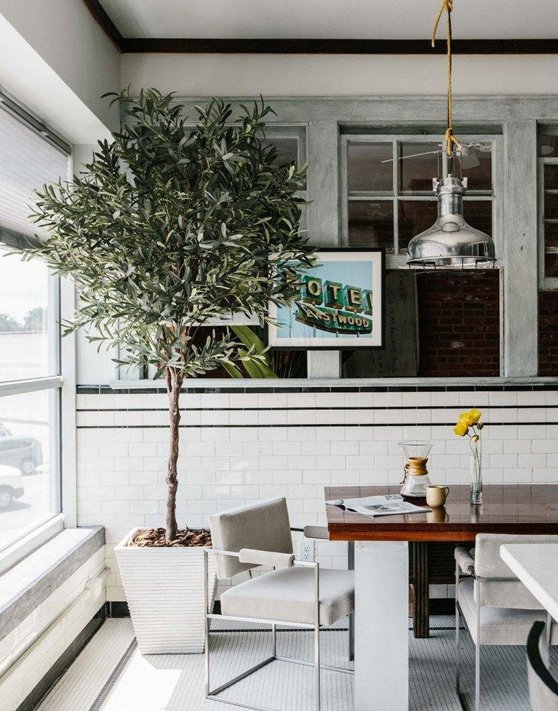 Faux olive tree in dining room