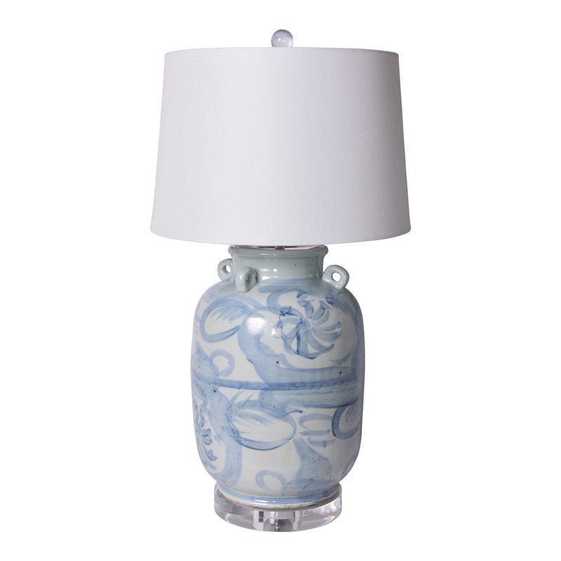 Table Lamp Blue and White Four Loop Handle Jar Twisted Flower - Acrylic Base