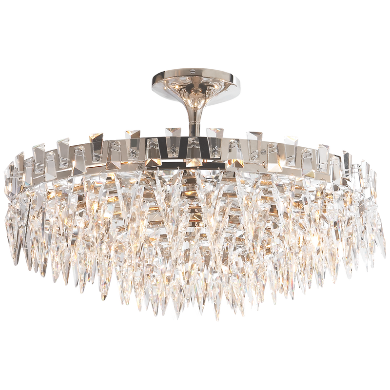 Large flush mount chandelier in polished nickel and crystal