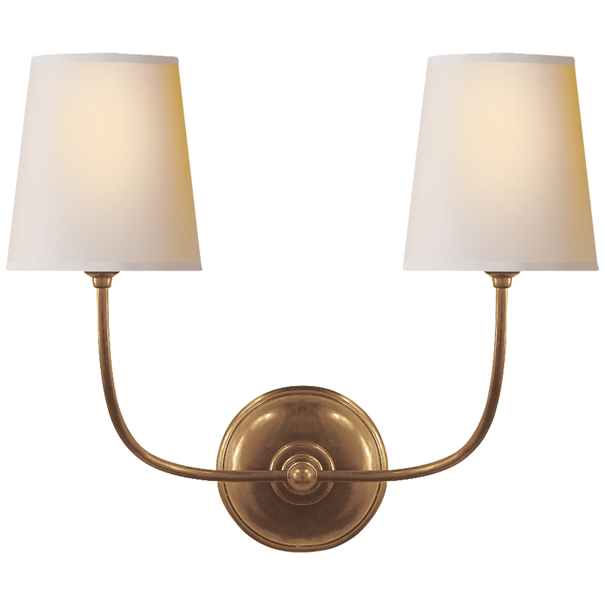 Vendome double sconce in antique brass with natural paper shades