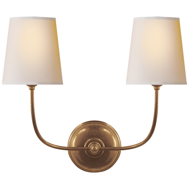 Vendome double sconce in antique brass with natural paper shades