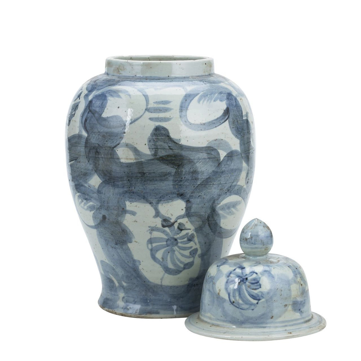 Decorative lidded temple jar in indigo sea flower