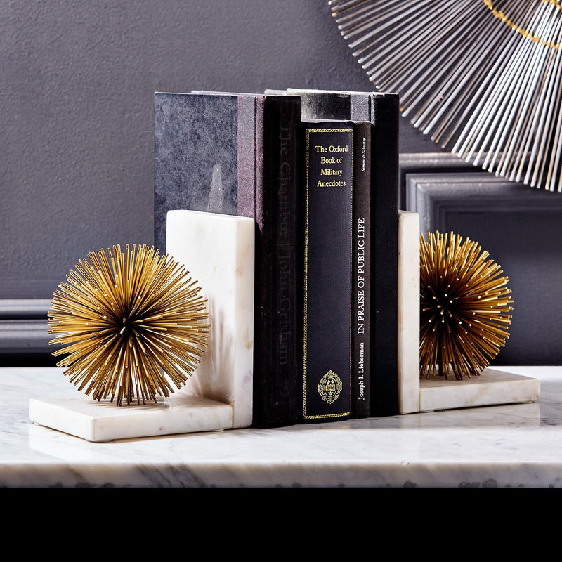 Set of 2 Gold Starburst Bookends - Iron and Marble