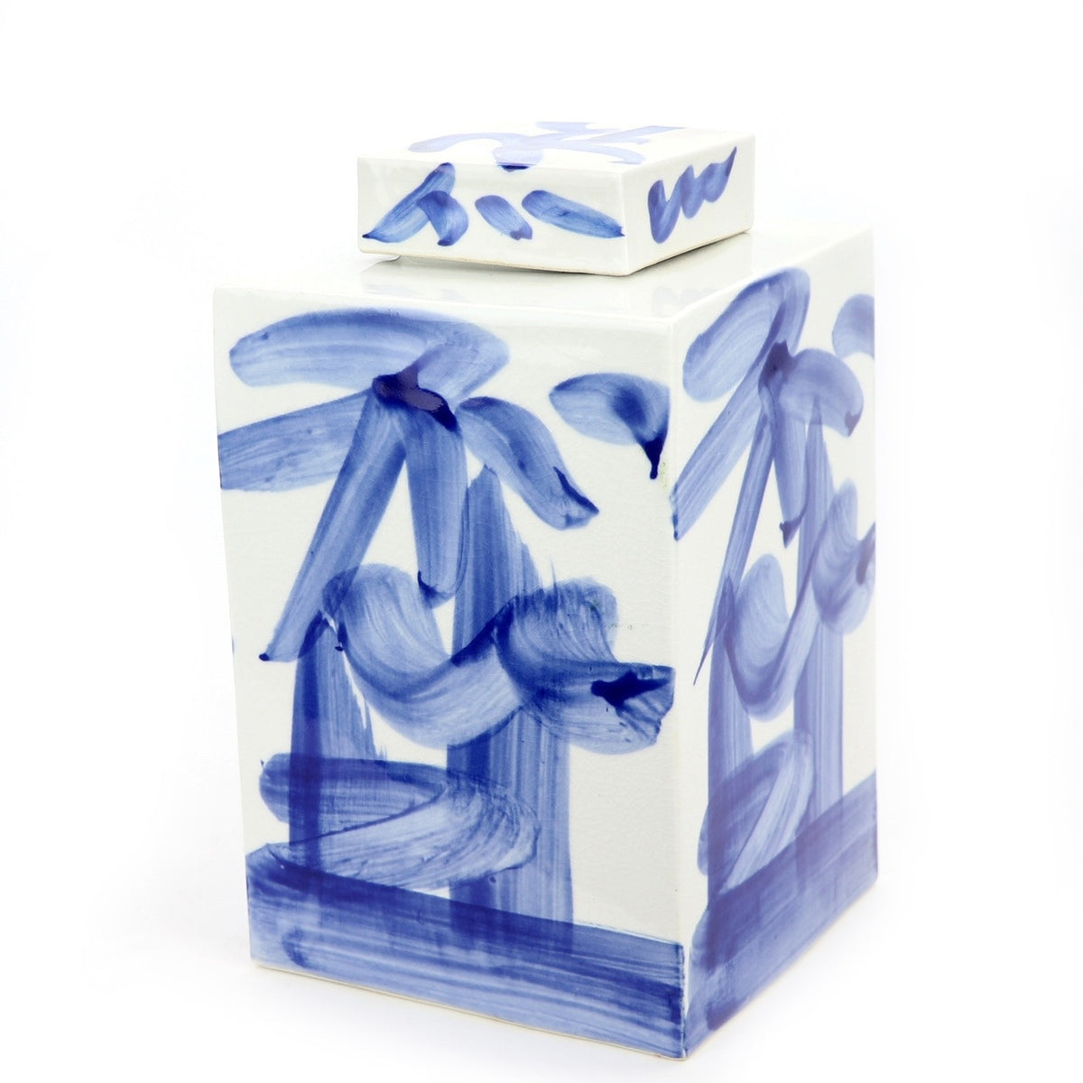 Square tea jar in blue and white brushstroke
