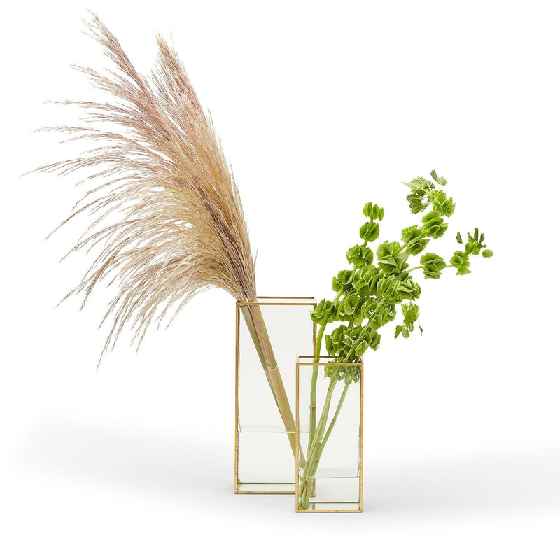 Window Small Rectangular Vases with Gold Metal Trim - Glass and Metal