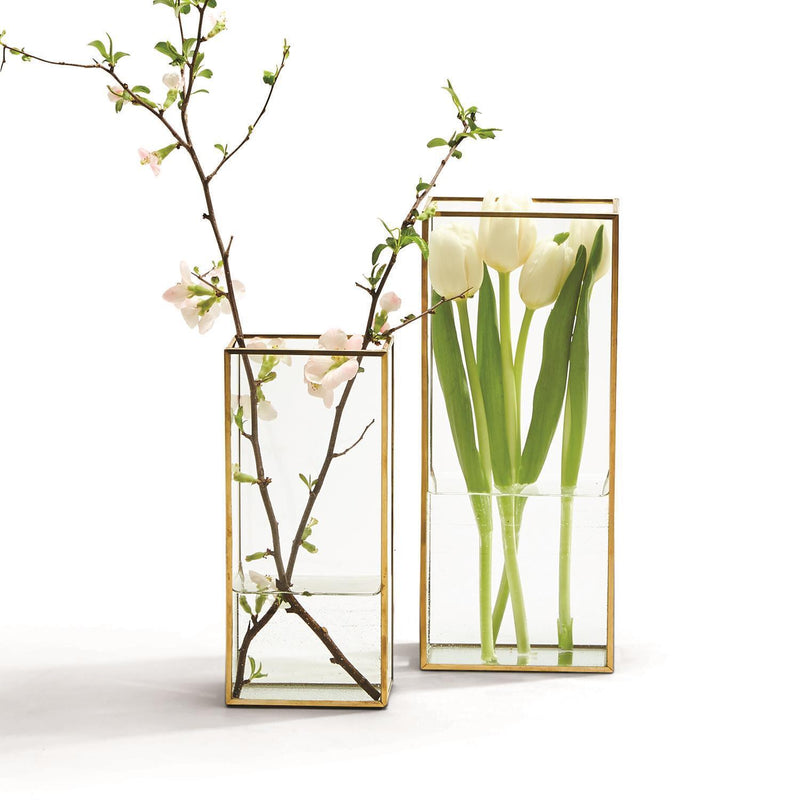 Window Small Rectangular Vases with Gold Metal Trim - Glass and Metal